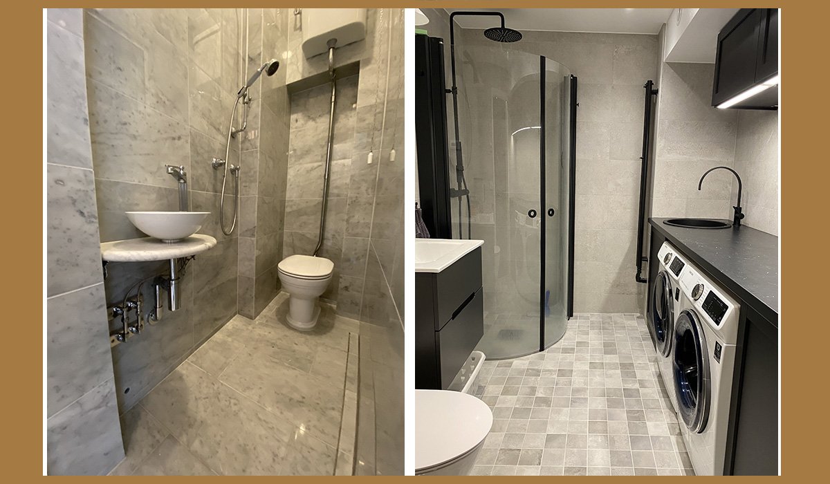 Före och efter badrumsrenovering i Vasastan med nytt kakel och modern duschlösning